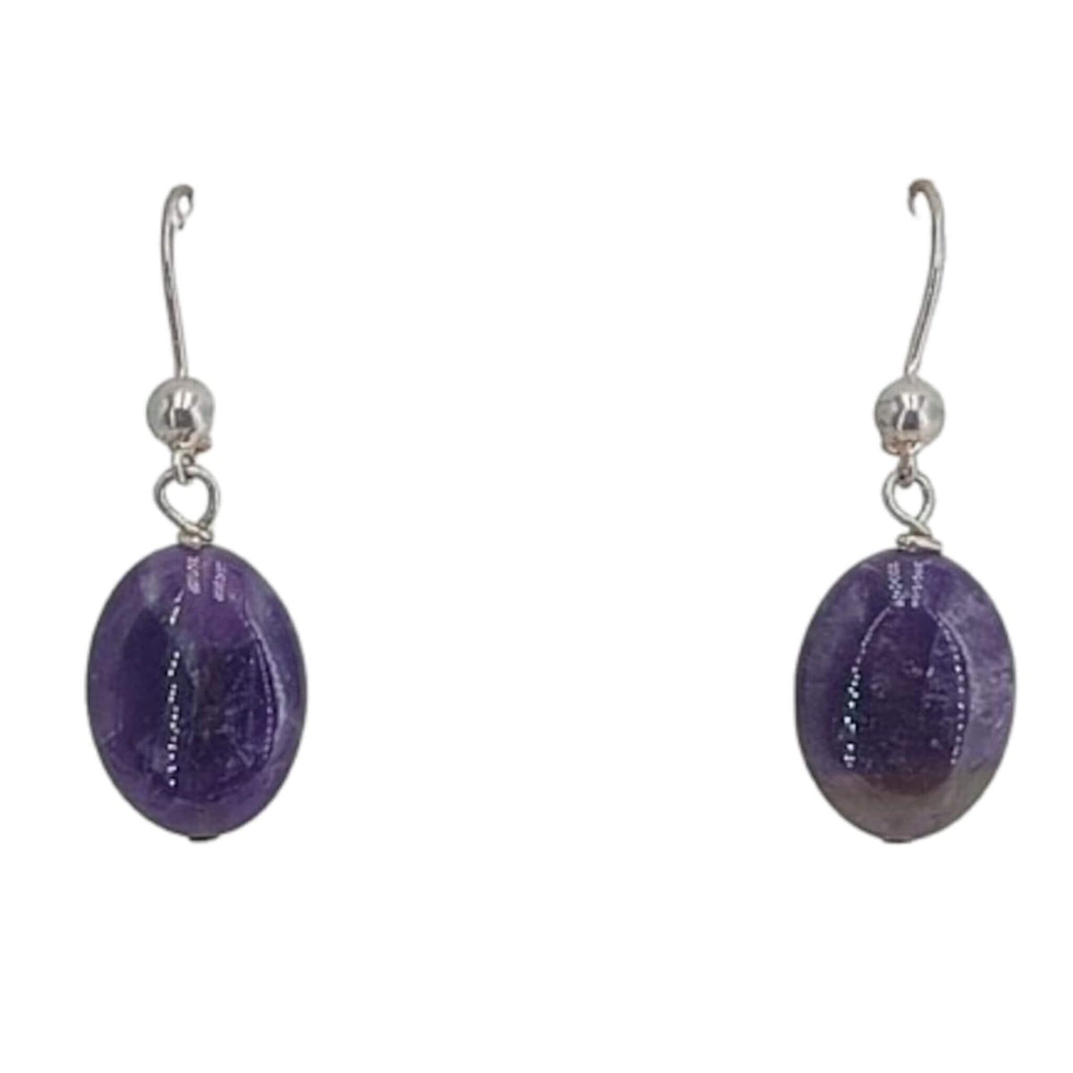 SILVER AND AMETHYST EARRINGS, SILVER FINISH, HIPPIE CLASP