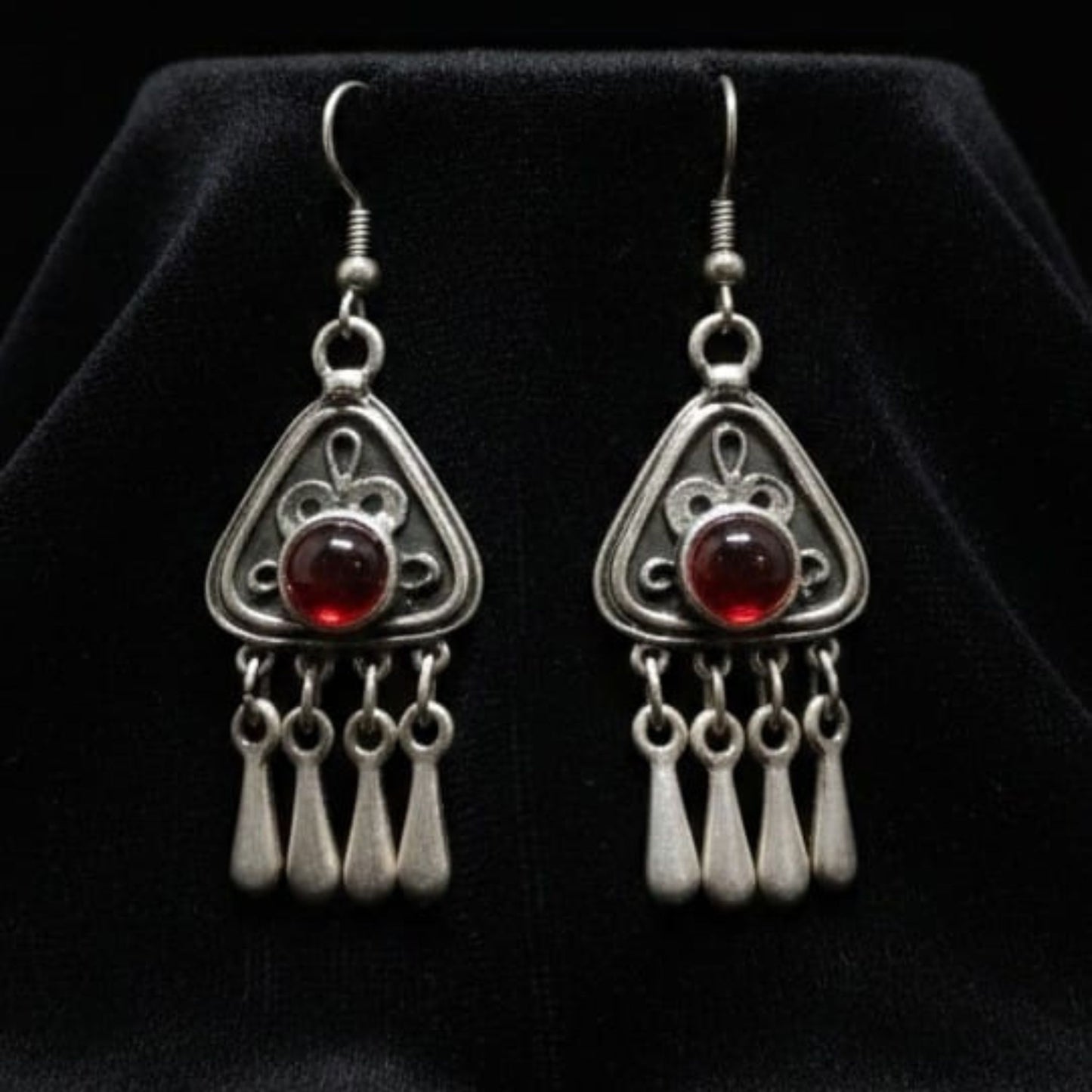 Zamak Earrings with Red Cubic Zirconia and Fringe - Triangular Design