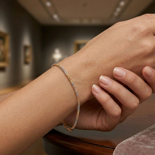 SILVER BRACELET WITH GOLD FINISH AND TRICOLOR DESIGN