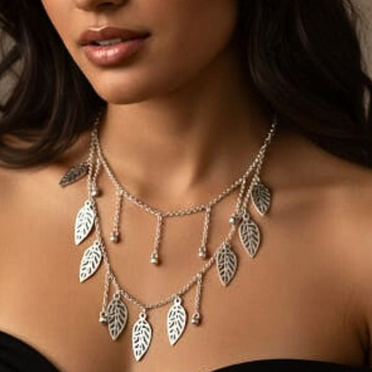 Collar Cadena Doble Gargantilla Hojas Calado Zamak Plateado | Joyería Osnor
