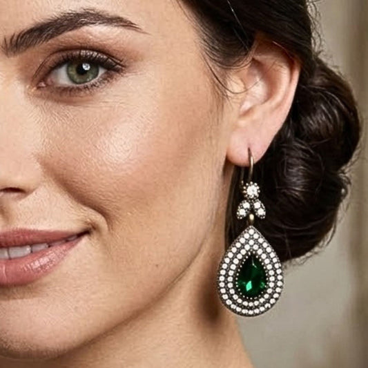 Pendientes Vintage Ágata Verde Gota | Plata, Bronce y Circonitas Blancas