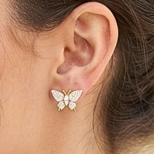 Pendientes Acero Mariposa Circonitas Blancas Chapado Oro 14K | Joyería Osnor