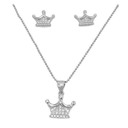 CONJUNTO CORONA PLATA ACABADO EN RODIO COLLAR Y PENDIENTES