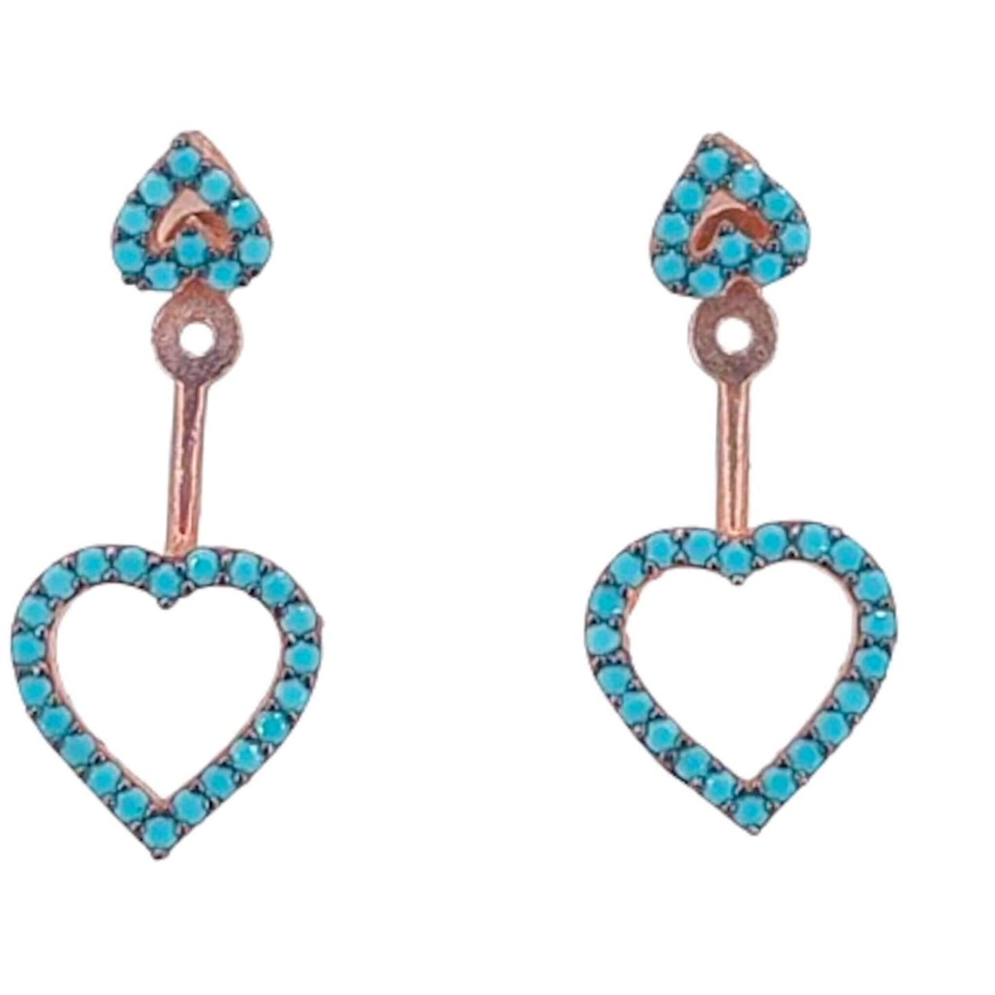 PENDIENTES CORAZON PLATA ACABADO ROSA TURQUESA NATURAL CIERRE PRESION