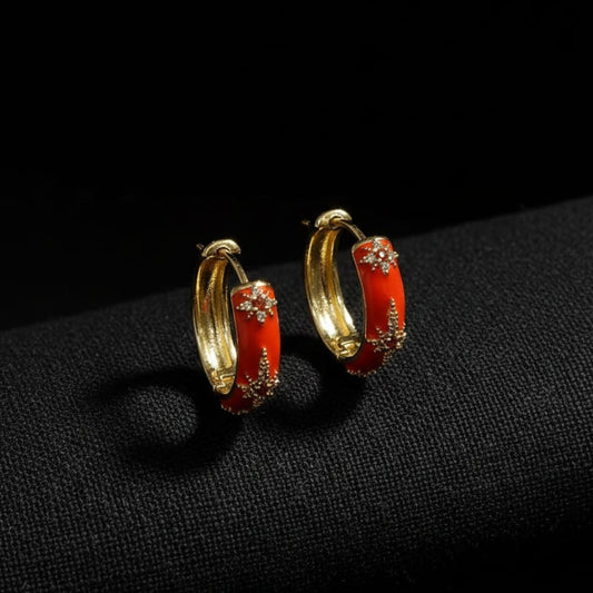 Pendientes Aro Esmalte Rojo · Circonitas Estrella · Chapado Oro 14K