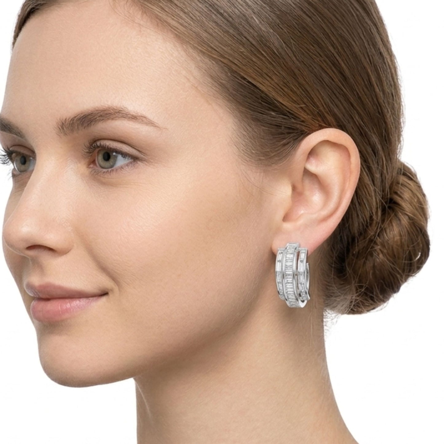 Pendientes Aro Baguette Circonitas Blancas | Acero Inoxidable Plateado
