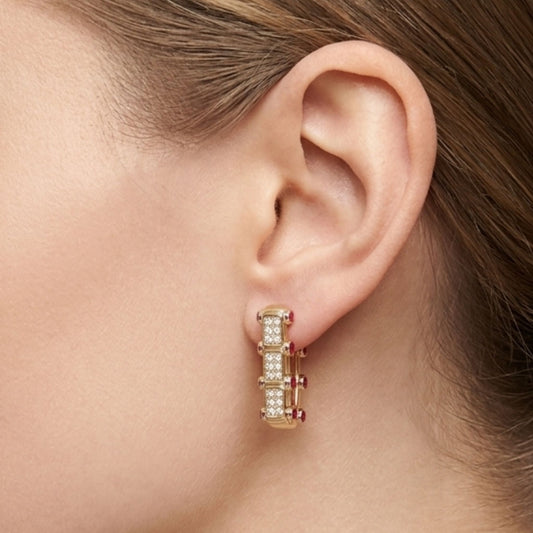 Pendientes Acero Inoxidable Chapado Oro 14k Circonitas Blancas y Rojas | Mujer