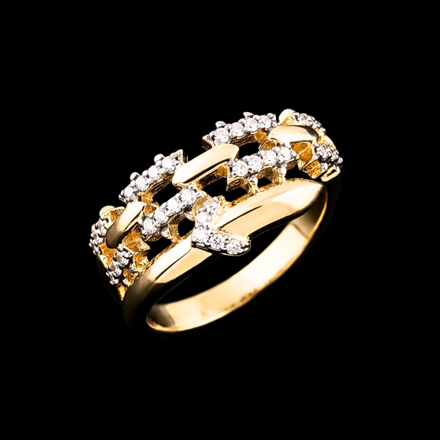 Anillo Acero Cadena Dorado con Circonitas Blancas | Ajustable