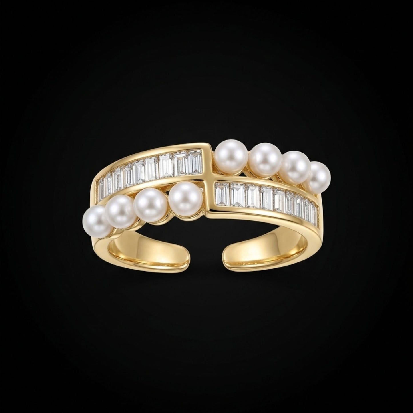 Anillo Acero Dorado Perlas y Circonitas Ajustable