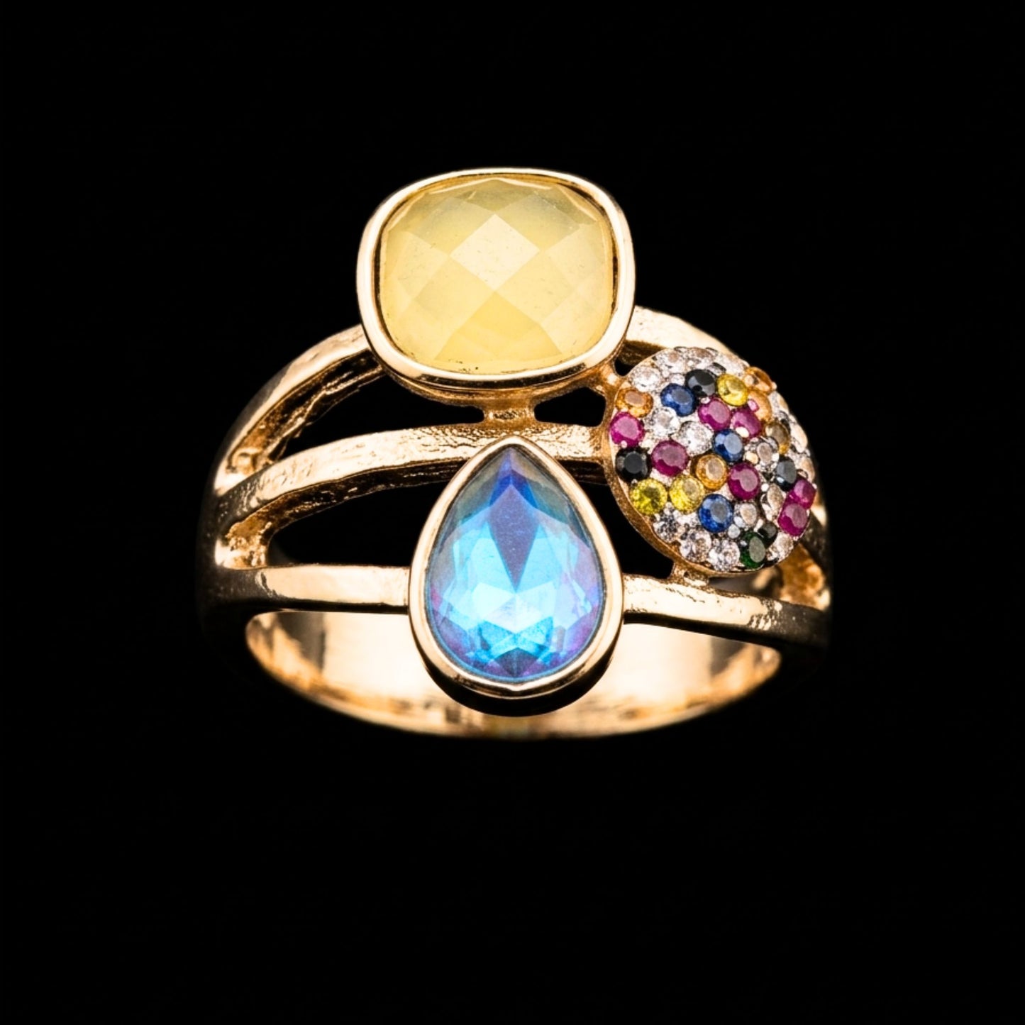 Anillo Acero Multicolor Circonitas Chapado Oro 14K Talla Ajustable
