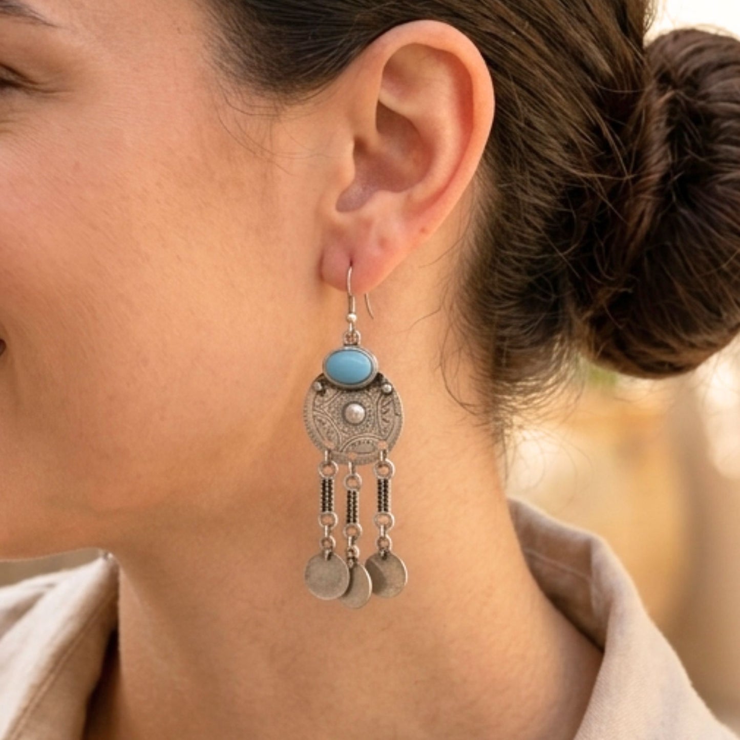 Pendientes de Zamak Hippie con Turquesa | Plateados | Joyería Osnor