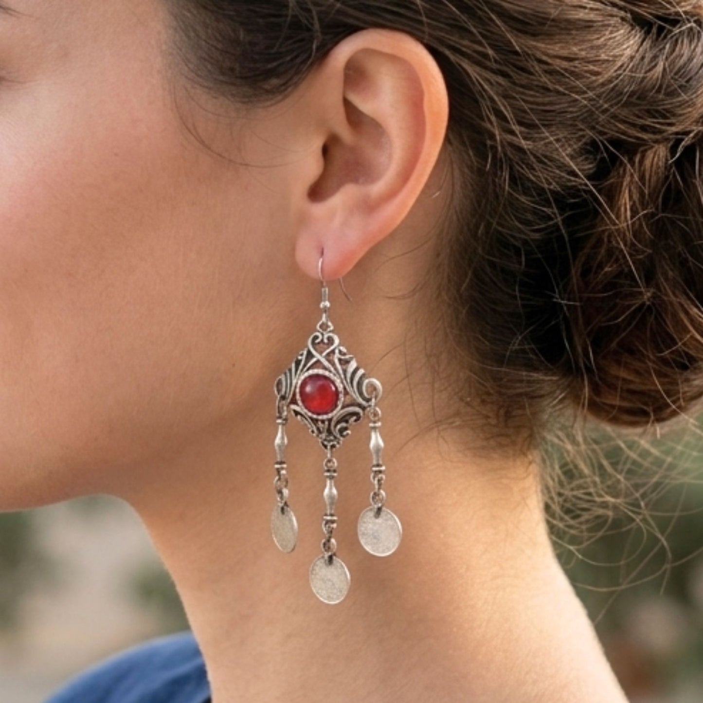 Pendientes Zamak Mujer Vintage con Monedas y Piedra Roja