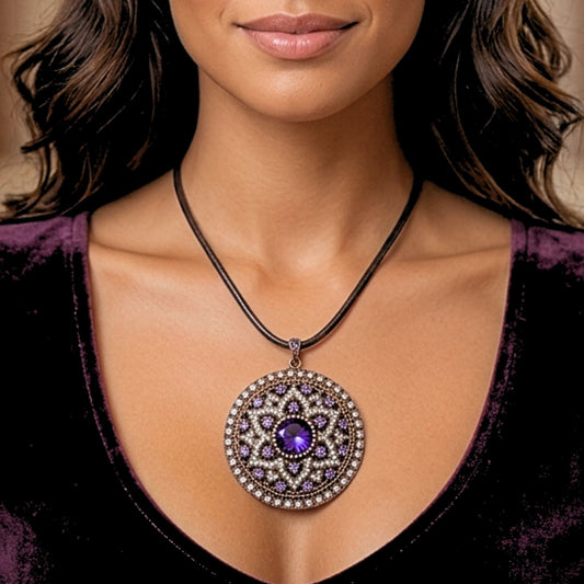Collar Rosetón Amatista Natural y Circonitas Blancas | Plata y Bronce | Joyería Osnor