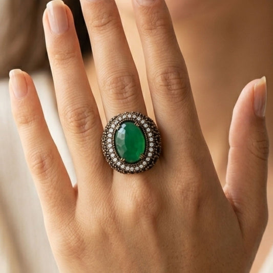 Sortija Mujer Plata y Bronce | Ágata Verde, Circonitas Blancas y Ágatas Azules Vintage