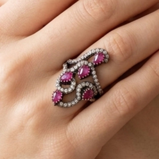 Anillo Sortija Vintage Mujer – Ágatas Rojas Gota & Circonitas Cúbicas Blancas | Joyería Osnor