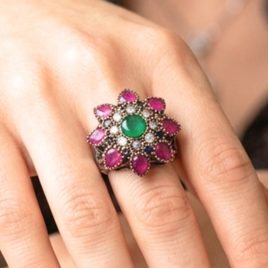 Anillo Sortija Flor Vintage Plata y Bronce con Piedras Naturales y Circonitas Blancas