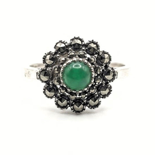 Sortija Flor Ágata Verde y Marquesitas Vintage | Plata y Bronce