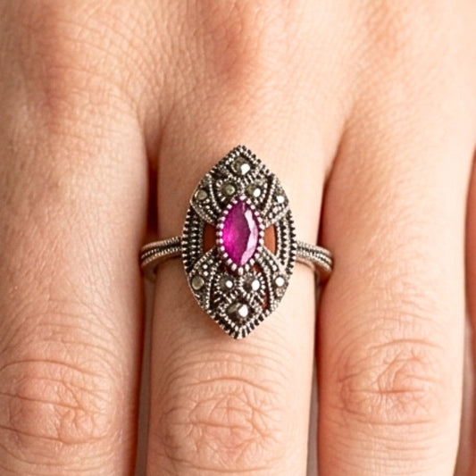 Anillo Sortija Vintage Mujer | Plata, Ágata Roja y Marquesitas