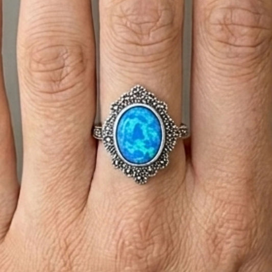 Anillo Sortija Mujer Plata con Turquesa y Marquesitas | Diseño Vintage Elegante