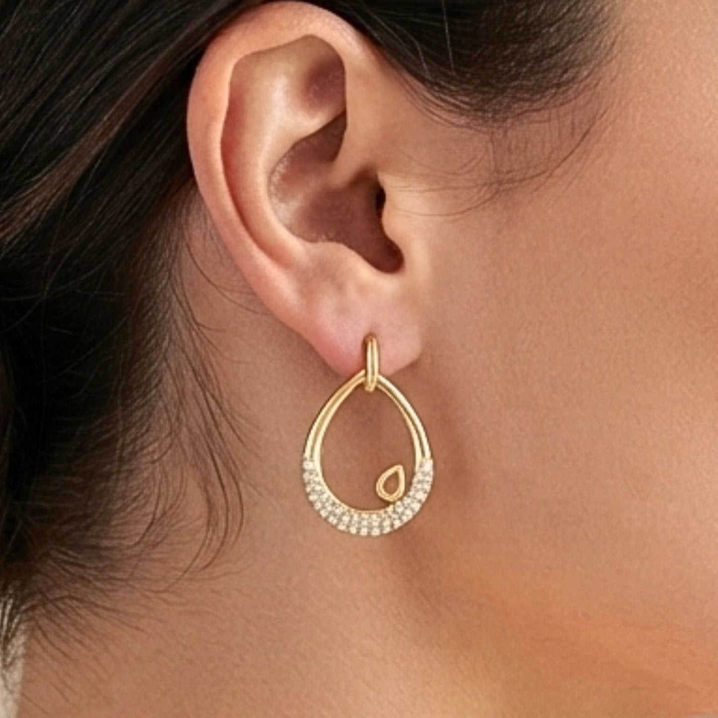 Pendientes Acero Aro Gota Circonitas Dorado 14K – Joyería Osnor