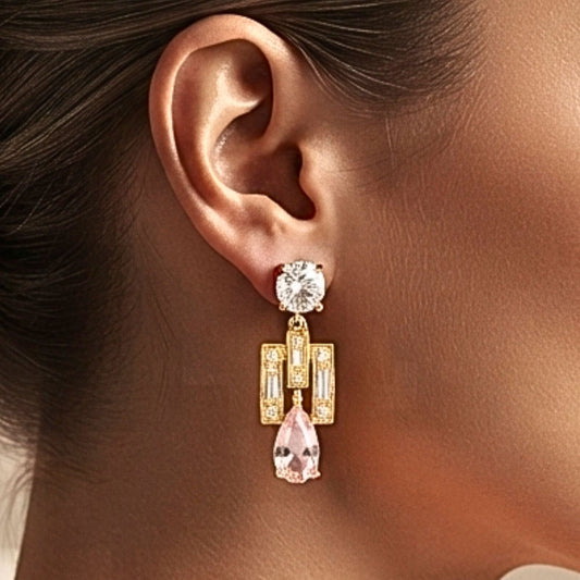 Pendientes Circonita Gota Rosa y Blanca Chapado Oro 14K