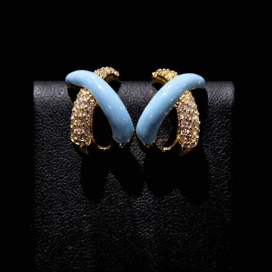 Pendientes Aros Acero Chapado Oro 14K | Circonitas Blancas y Cerámica Azul