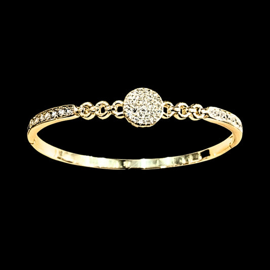 Pulsera Brazalete Rígido Acero Chapado Oro 14K con Circonitas Rosetón Central