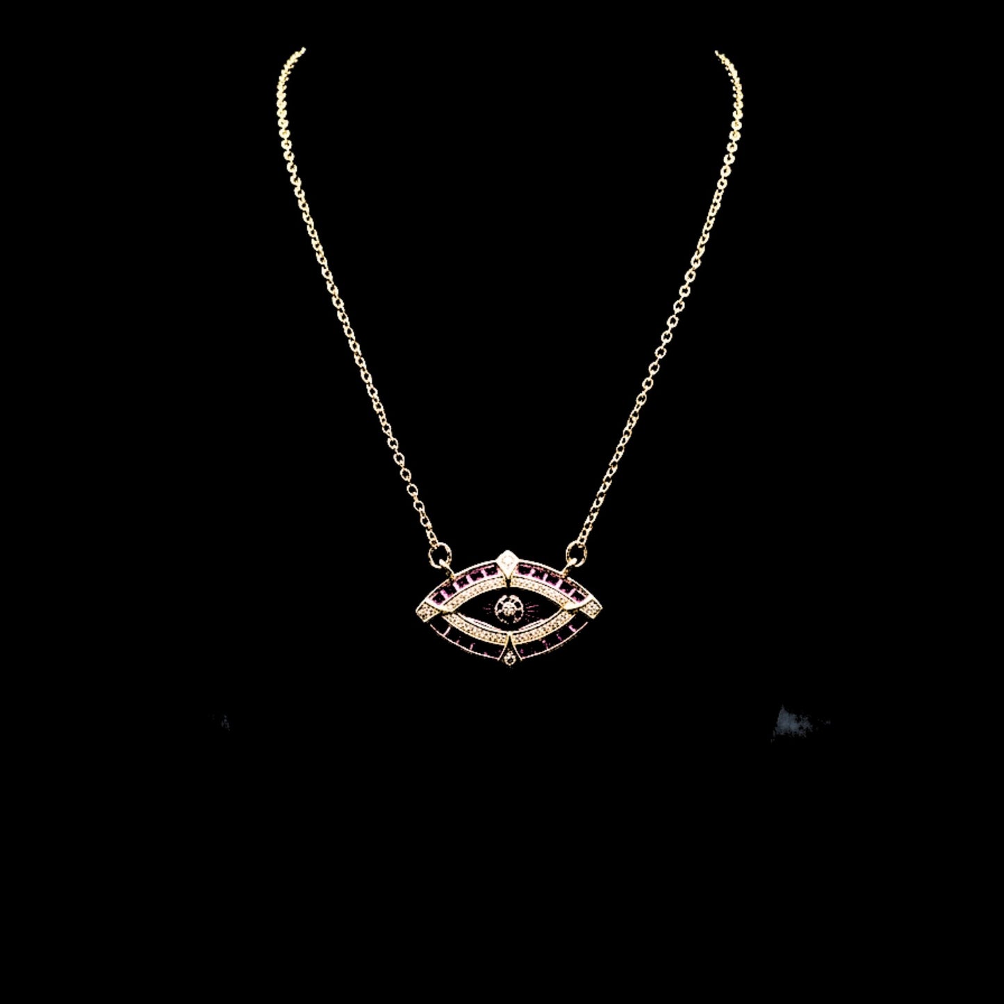 Collar Gargantilla Ojo de la Suerte Circonitas Rojas y Blancas Acero Chapado Oro 14K