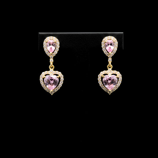 Pendientes Corazón Circonita Rosa de Francia | Chapado Oro 14K