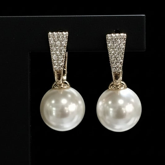 Pendientes Perla con Circonitas Blancas | Chapado Oro 14K | Cierre Catalán