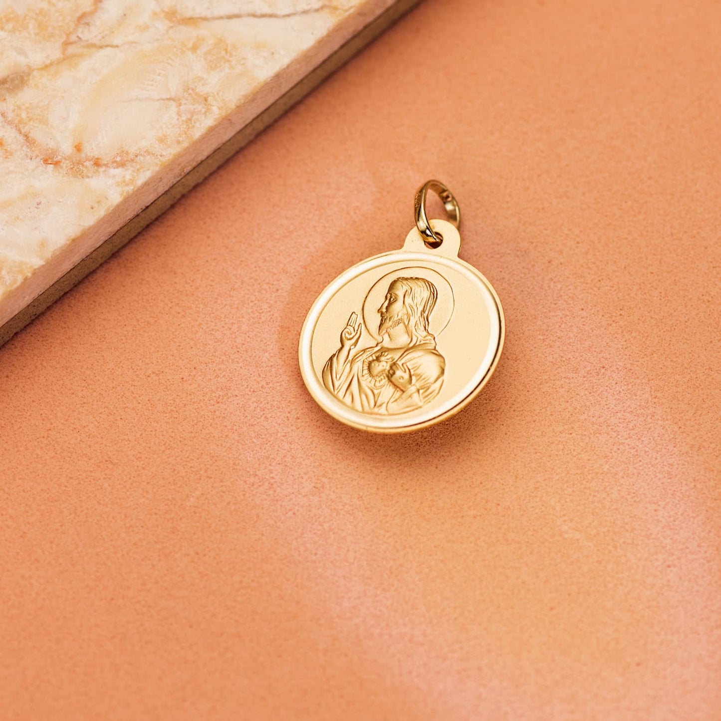 18K MEDALLA ORO AMARILLO CRISTO SAGRADO CORAZON DE JESUS BISEL 20 MM