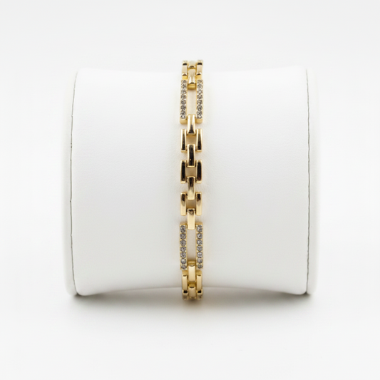 Pulsera Brazalete Eslabón Cartier Dorado con Circonitas Blancas Acero Inoxidable Chapado Oro 14K