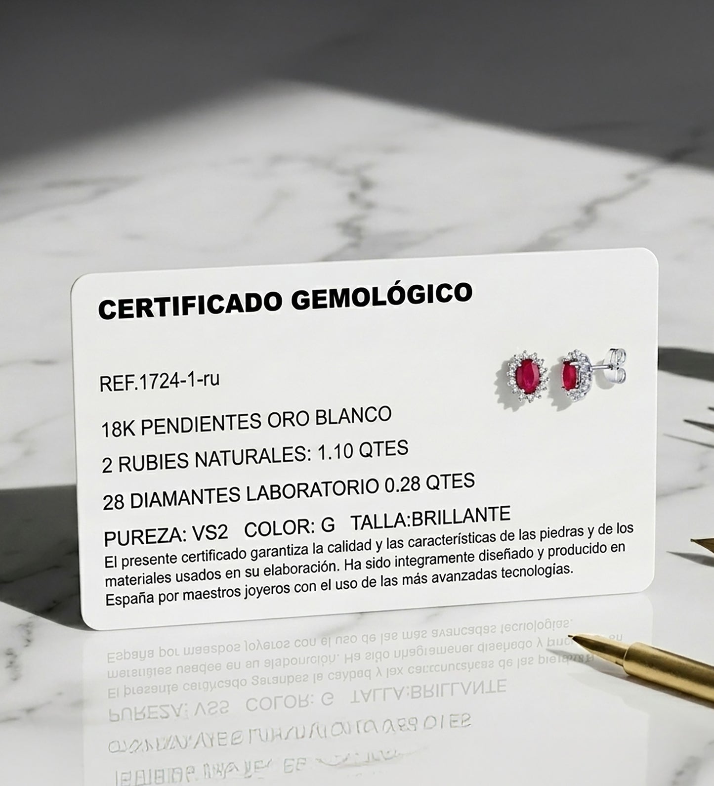 18K PENDIENTES ORO BLANCO 28 DIAMANTES LABORATORIO Y RUBI 6X4 MM 1,10 QT 0,28 QTS. VS2-G CIERRE PRESION 9,5X8 MM