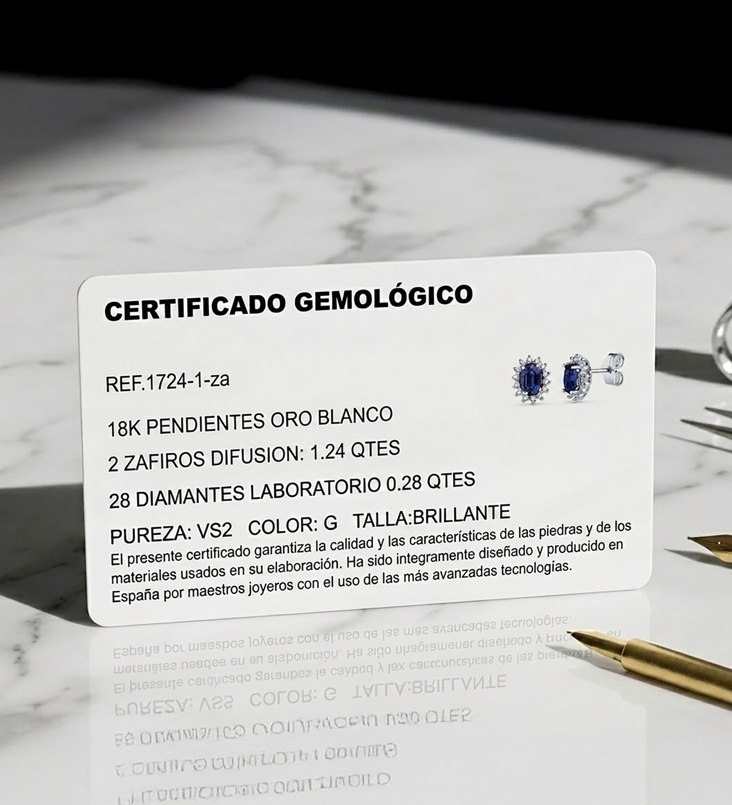 18K PENDIENTES ORO BLANCO 28 DIAMANTES LABORATORIO Y ZAFIRO DIFUSION 6X4 MM 1,24 QT. 0,28 QTS. VS2-G CIERRE PRESION 9,5X8 MM