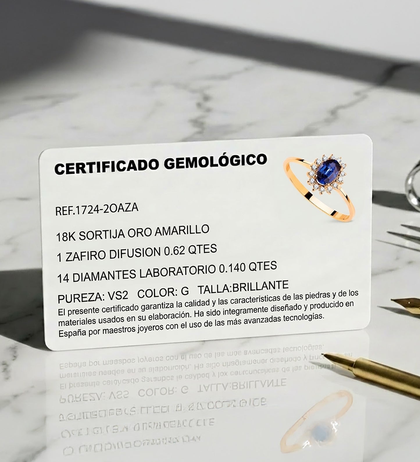 18K SORTIJA ORO AMARILLO DIAMANTES LABORATORIO 0,140 QTS. VS2-G 9 ZAFIRO DIFUSION 6x4 MM 0,62 QTS. 9,5 X 8 MM