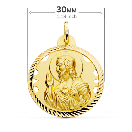 18K ESCAPULARIO ORO AMARILLO HELICE CALADO VIRGEN CARMEN Y CORAZON DE JESUS 30 MM