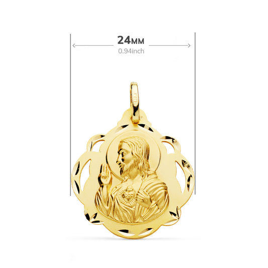 18K ESCAPULARIO ORO AMARILLO VIRGEN DEL CARMEN Y CORAZON DE JESUS PANDERETA CALADA 24 MM