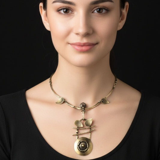 Chica luciendo collar de bronce diseño joyería osnor moda mujer arte escultura artesanía hoja