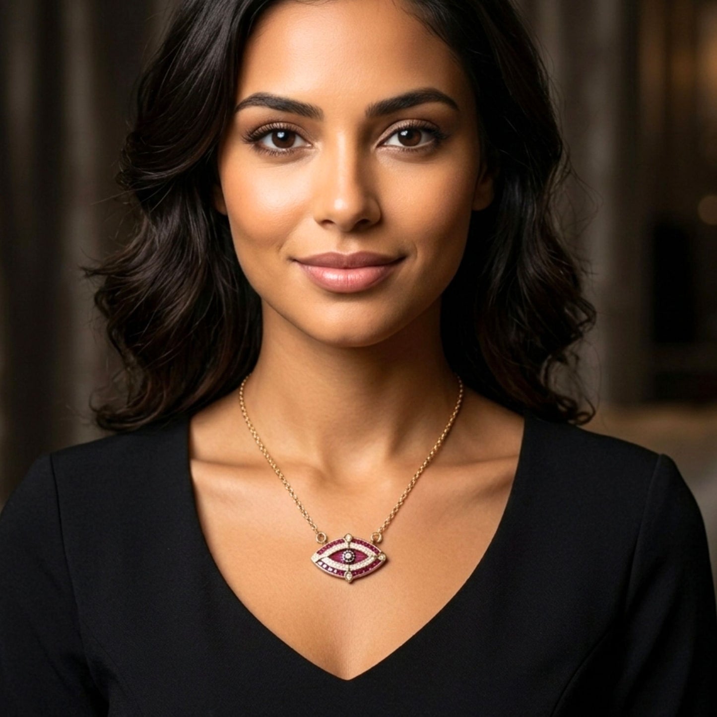 chica luciendo collar ojo turco acero dorado diseño