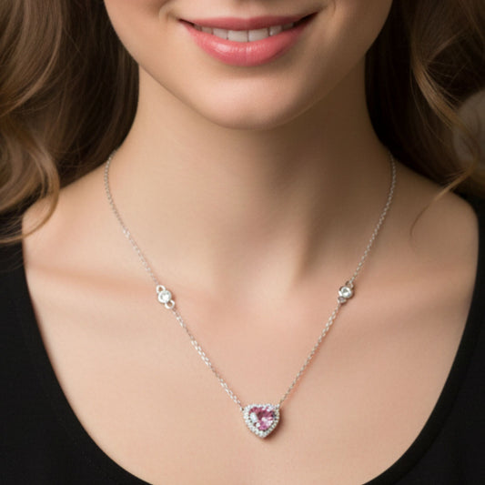 Collar Gargantilla Corazón Circonita Rosa · Acero Plateado