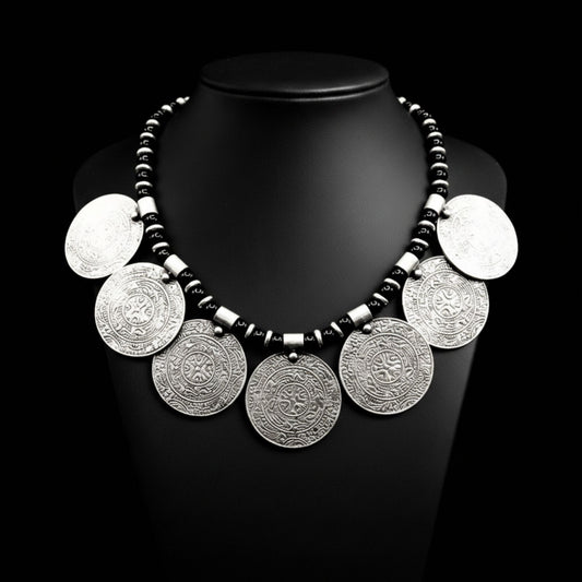 Collar étnico de zamak plateado con siete medallones circulares grabados sobre cadena. Joyeria osnor zamak