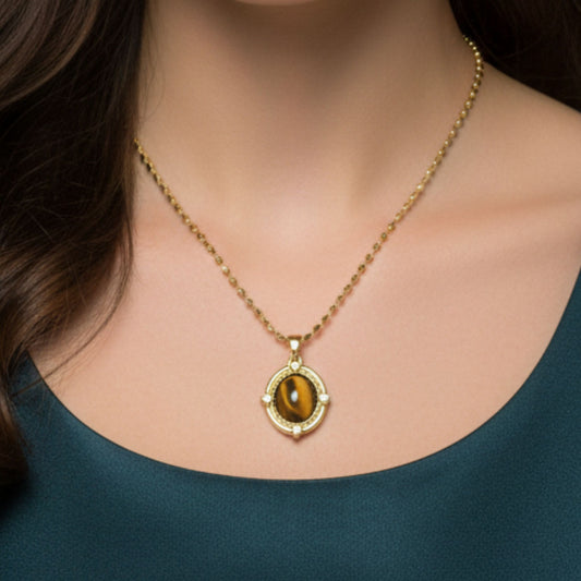 Collar Gargantilla Ojo de Tigre | Acero Dorado Chapado Oro 14K con Circonitas