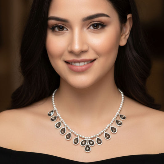 Collar Gargantilla Cadena Bolas con Circonitas Gota Grisáceas — Zamak Hipoalergénico