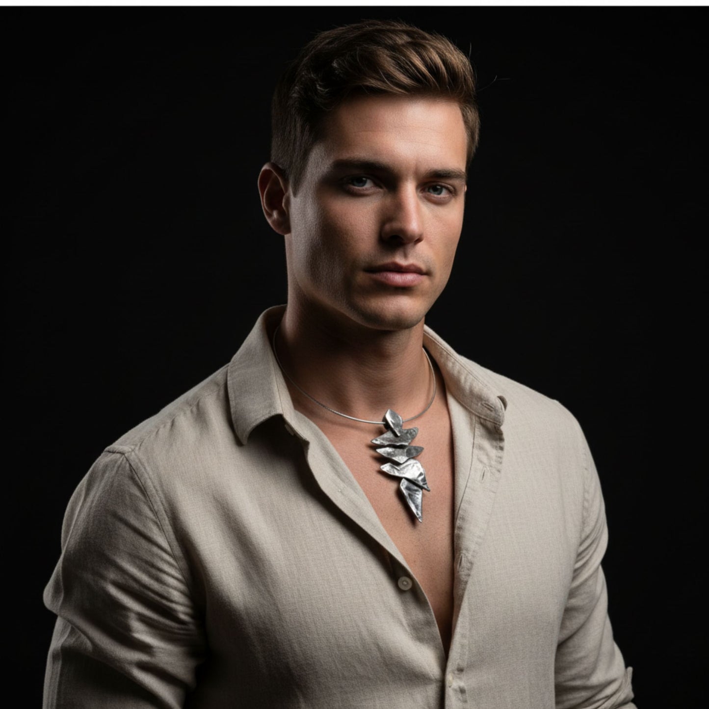 Hombre luciendo collar rígido unisex de zamak plateado con colgante geométrico triangular hipoalergénico.