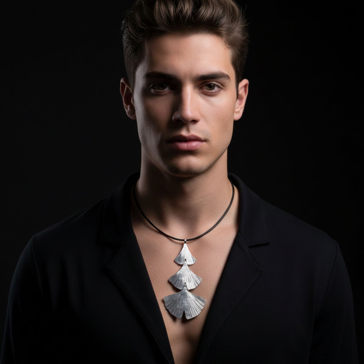 Hombre luciendo collar unisex de zamak hipoalergénico con colgantes Ginkgo o sirena