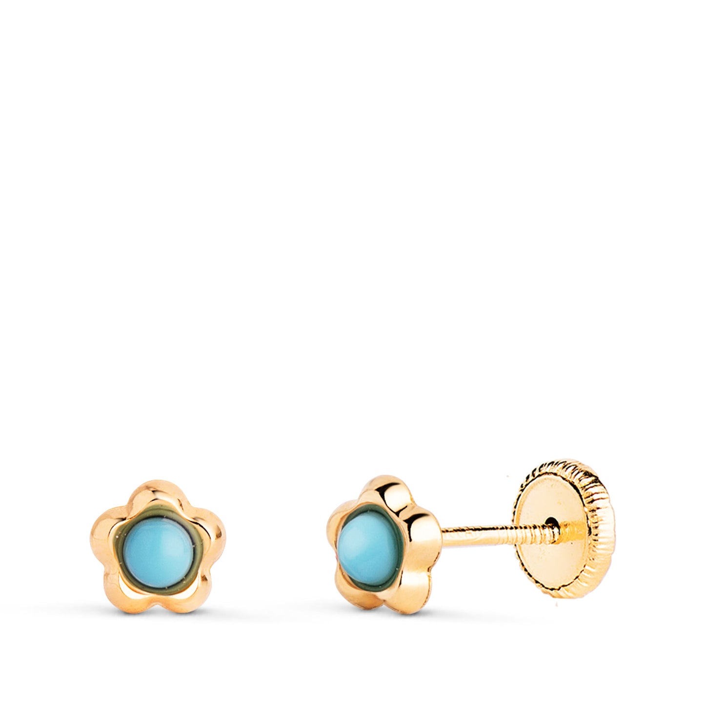 18K PENDIENTES ORO AMARILLO FLOR CON TURQUESAS DE 2,4MM. MEDIDA: 5,3 X 5MM. CIERRE TUERCA