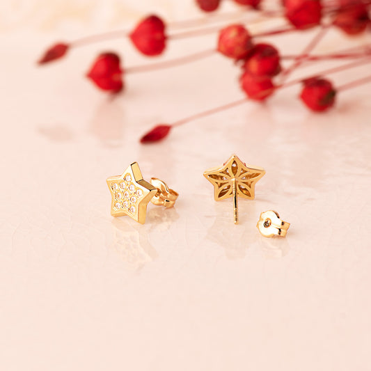 18K PENDIENTES ORO AMARILLO ESTRELLAS CON CIRCONITA 9X9 MM. CIERRE PRESION