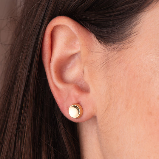 18K PENDIENTES ORO AMARILLO REDONDO CONCAVO EN BRILLO 8 MM. CIERRE PRESION