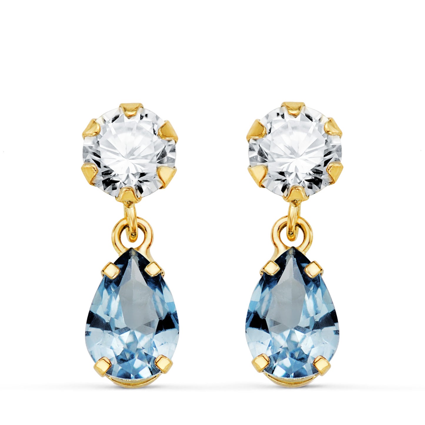 18K PENDIENTES ORO AMARILLO DOS CUERPOS CON CIRCONITA Y AGUAMARINA LAGRIMA 16 X 5MM. CIERRE PRESION