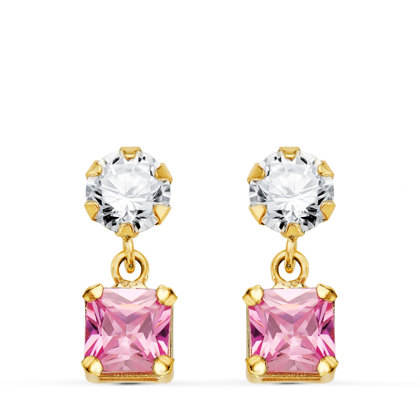 18K PENDIENTES ORO AMARILLO DOS CUERPOS CON CIRCONITA Y PIEDRA ROSA CUADRADA 14 X 5MM. CIERRE PRESION